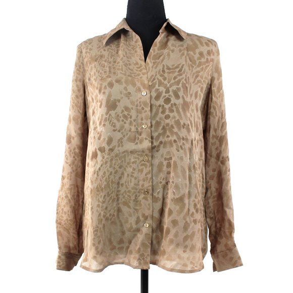 L'AGENCE Silk Taupe Brown Animal Print Semi-Sheer Collared Blouse NEW XS - Picture 1 of 8